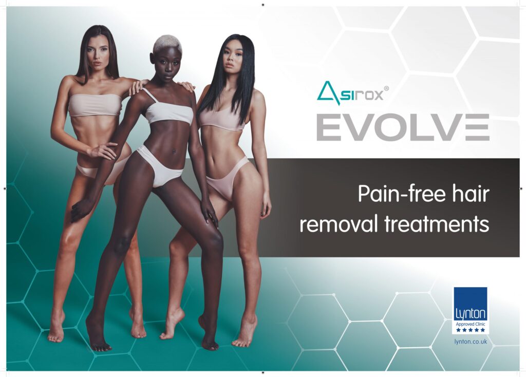 Three women with smooth skin with banner about laser hair removal